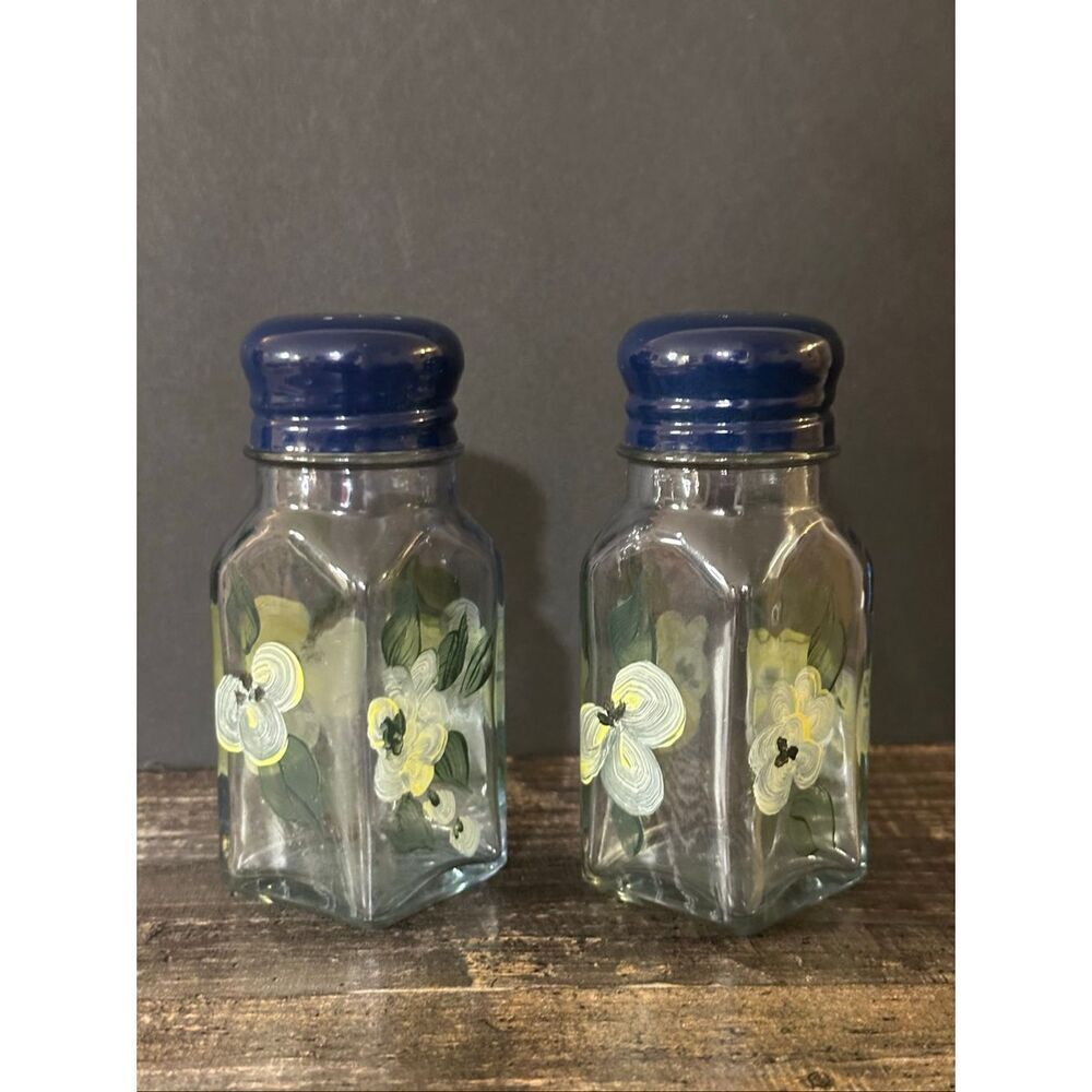 Pair Of Hand Painted Floral Glass Salt & Pepper Shakers